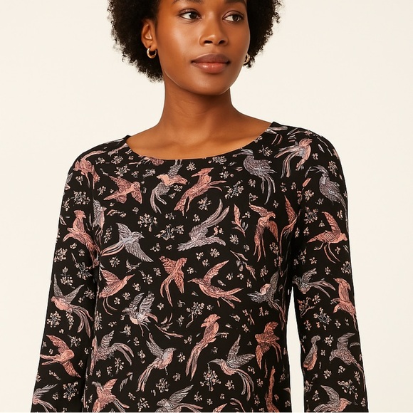 LOFT Tops - Women’s LOFT black bird printed long sleeve blouse size LP
